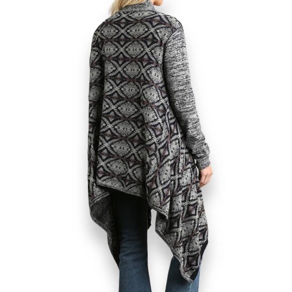 Umgee Sweater Womens Medium Navy Gray Print Waterfall Cardigan Open Front - Picture 7 of 13
